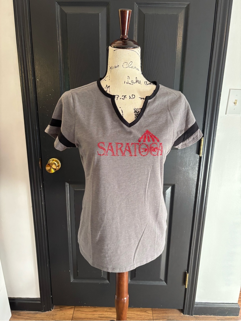 NUX Gray V-Neck Ringer Tee with Red Saratoga Logo